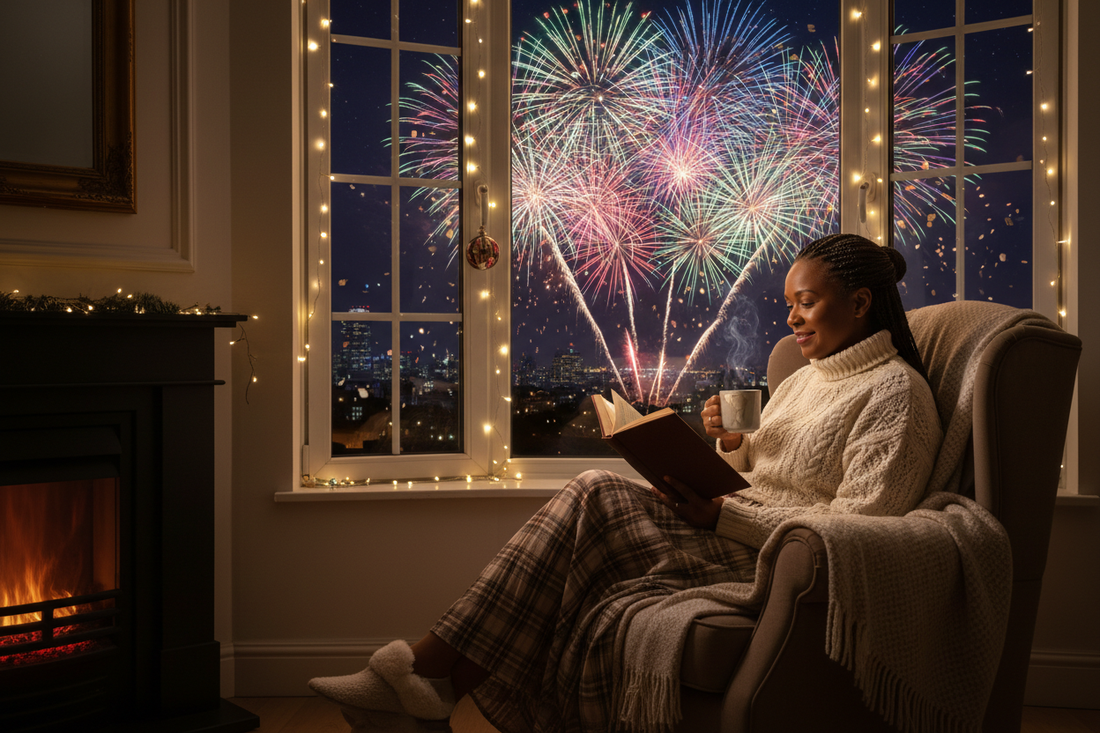 Woman reading a book with a cup of tea and quietly celebrating the new year. 